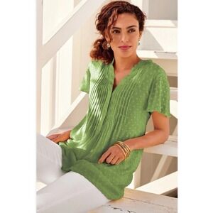 Soft Surroundings Womens Offshore Top Womens Plus 2X Green Clip Dot Button-Up